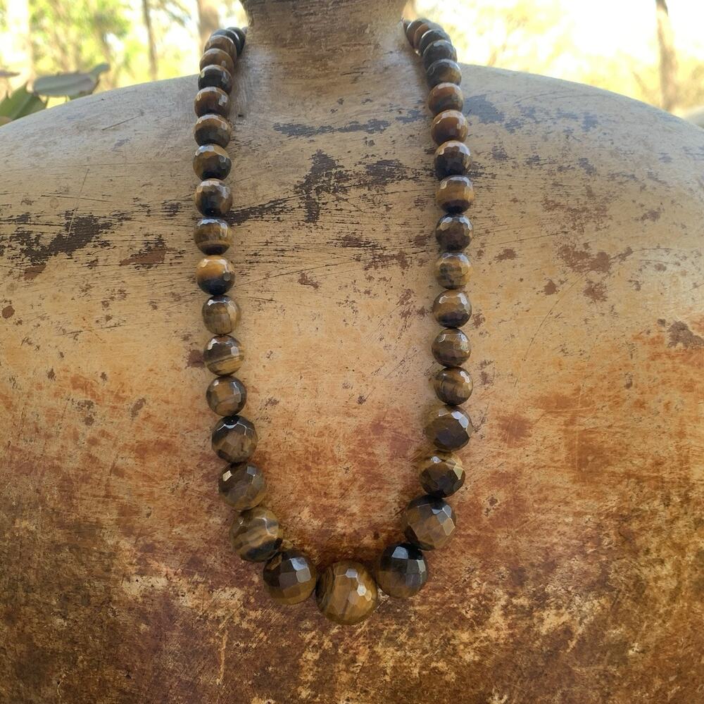 Sterling Silver and Tigers Eye Necklace Graduating Faceted Beads 18 Inch Vintage